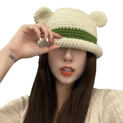 Cute Frog Eared Cotton Knitted Bucket Hat