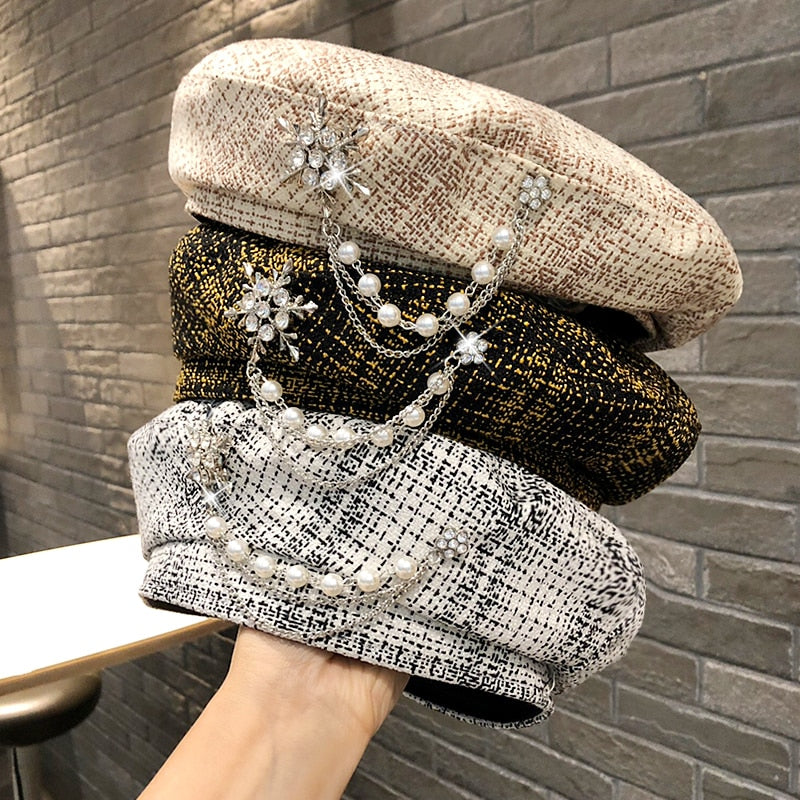 Luxurious Diamond Decorated Plaid Berets