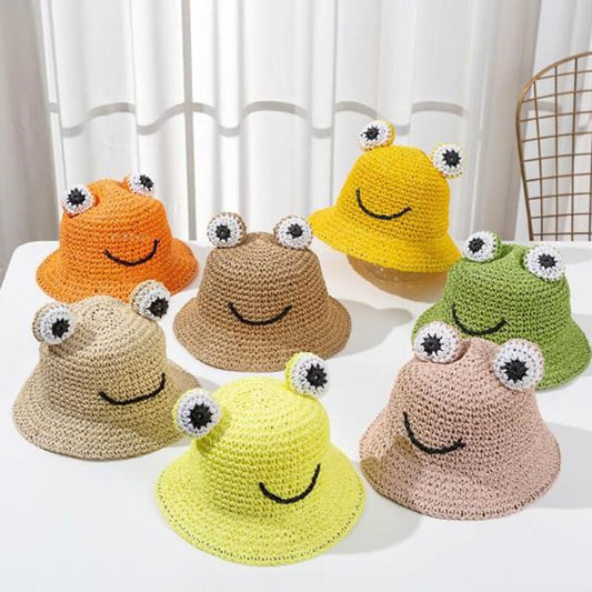 Children's Handmade Straw Cartoon Frog Bucket Hat