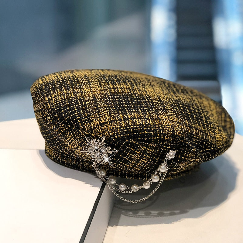 Luxurious Diamond Decorated Plaid Berets