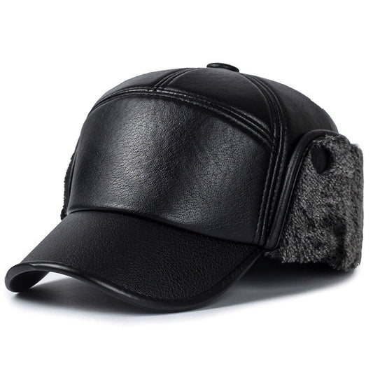 Black Faux Leather Winter Bomber Hat For Men