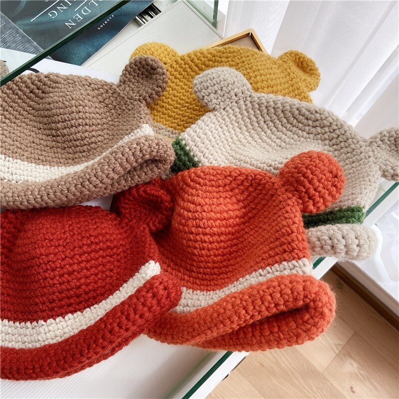 Cute Frog Eared Cotton Knitted Bucket Hat