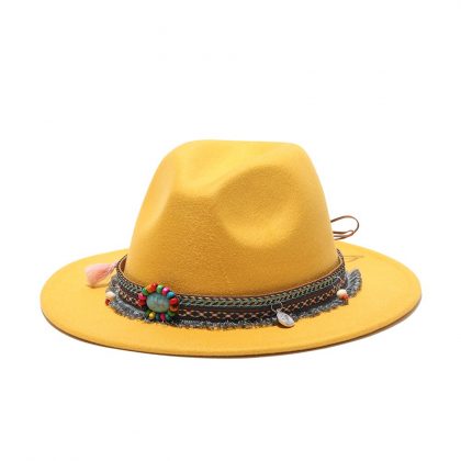 Flat & Wide Brim Vintage Jazz Fedora With Beads